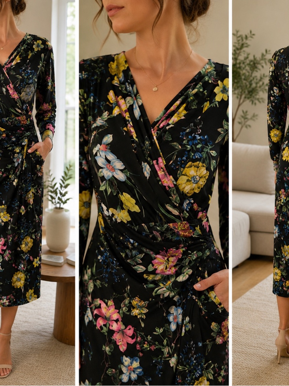 RACHEL Rachel Roy Black Floral Wrap Midi Dress